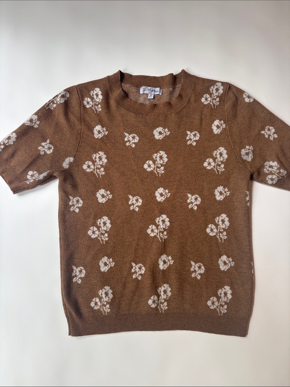 Polagram Brown Crewneck Sweater with White Floral Jacquard
